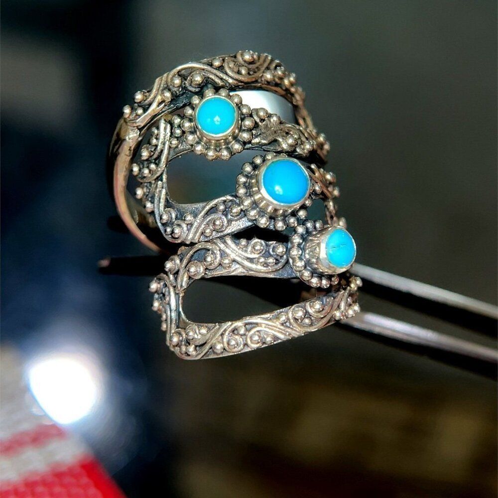 Silver 925 3-Turquoise Wrap Cool Ring - Picture 6 of 13